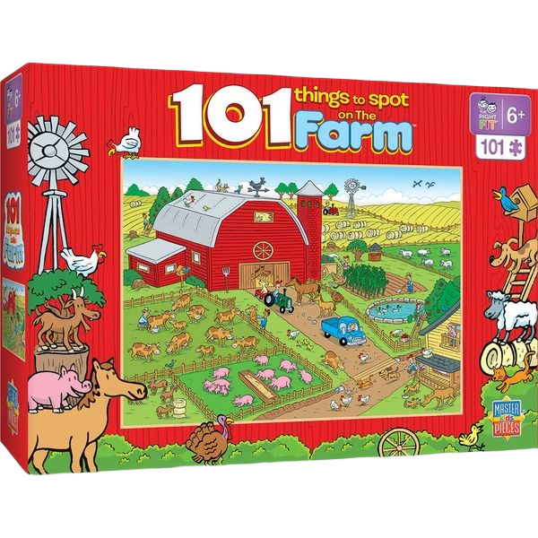 Colorful farm-themed jigsaw puzzle box showing barn, animals, tractors, and fields with 101 pieces for children aged 6 and up