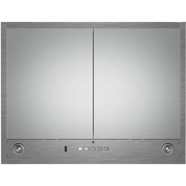 Stainless steel undercabinet vent hood with dual fan controls and LED buttons for kitchen appliance collections.