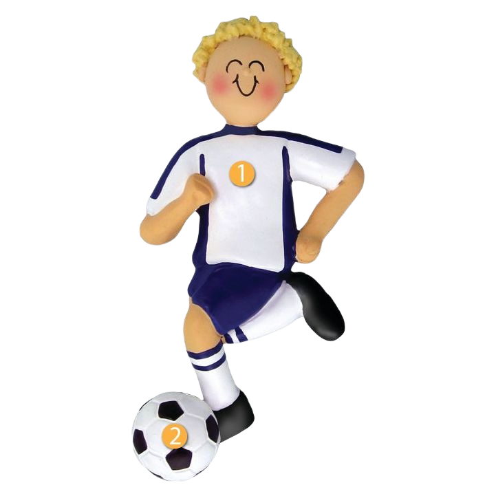 Personalized blonde male soccer player figurine in blue and white uniform with a black and white ball for holiday decor