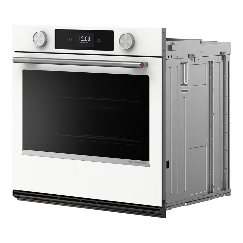 White 30-inch smart electric single wall oven with LED touchscreen and dual control knobs from KitchenAid appliances collection