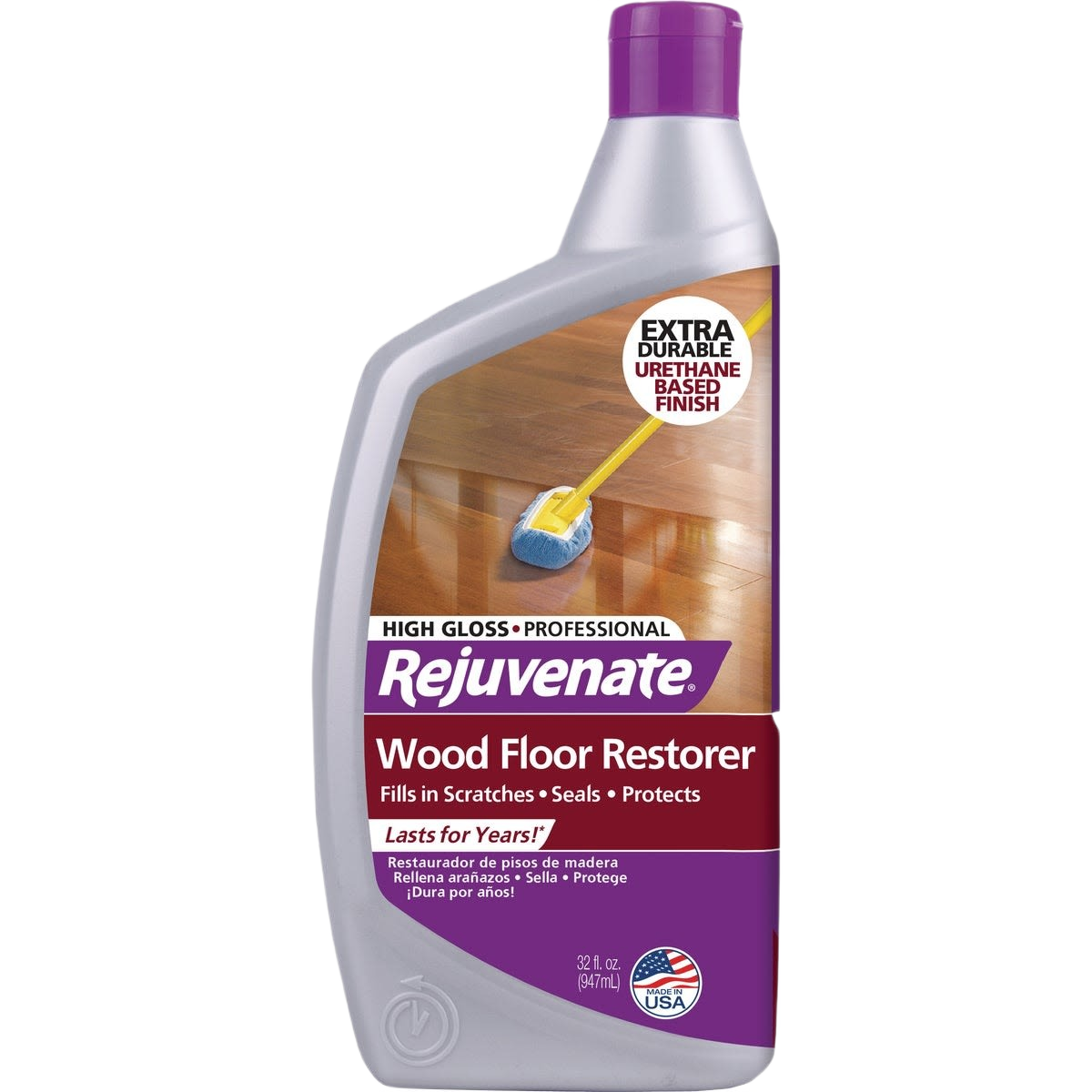 Bottle of Rejuvenate wood floor restorer with purple cap and label for cleaning and floor care supplies under 50 dollars