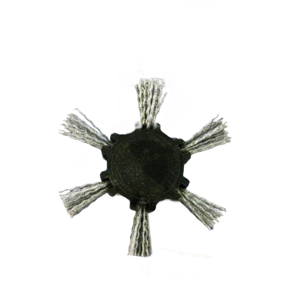 Black circular flap brush with six coarse abrasive strips for heavy-duty use in home improvement tasks