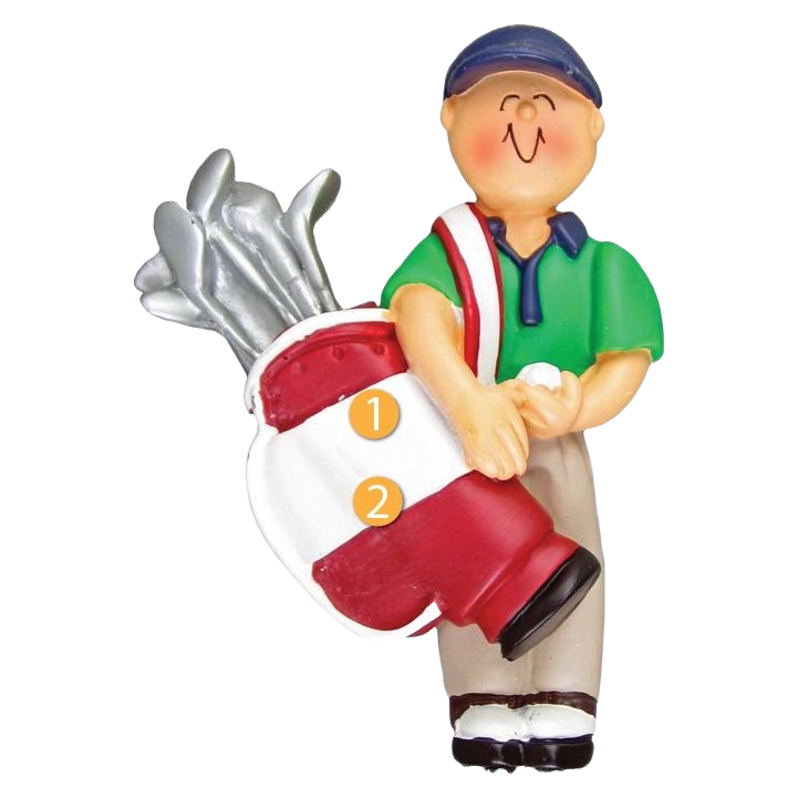 Male golfer figurine holding red and white golf bag ornament in Christmas Ornaments & Tree Decorations collection