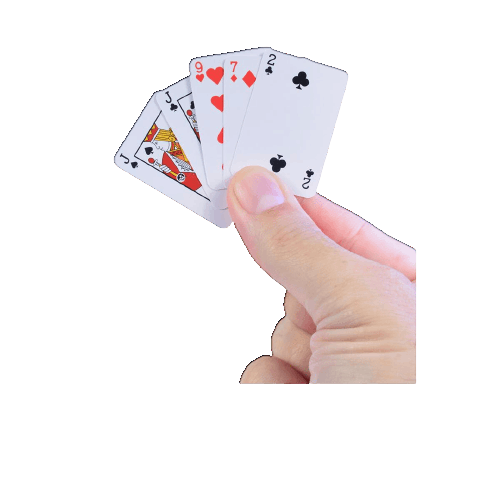 Fingers holding a tiny fan of playing cards featuring hearts, clubs, and a jack on a white background