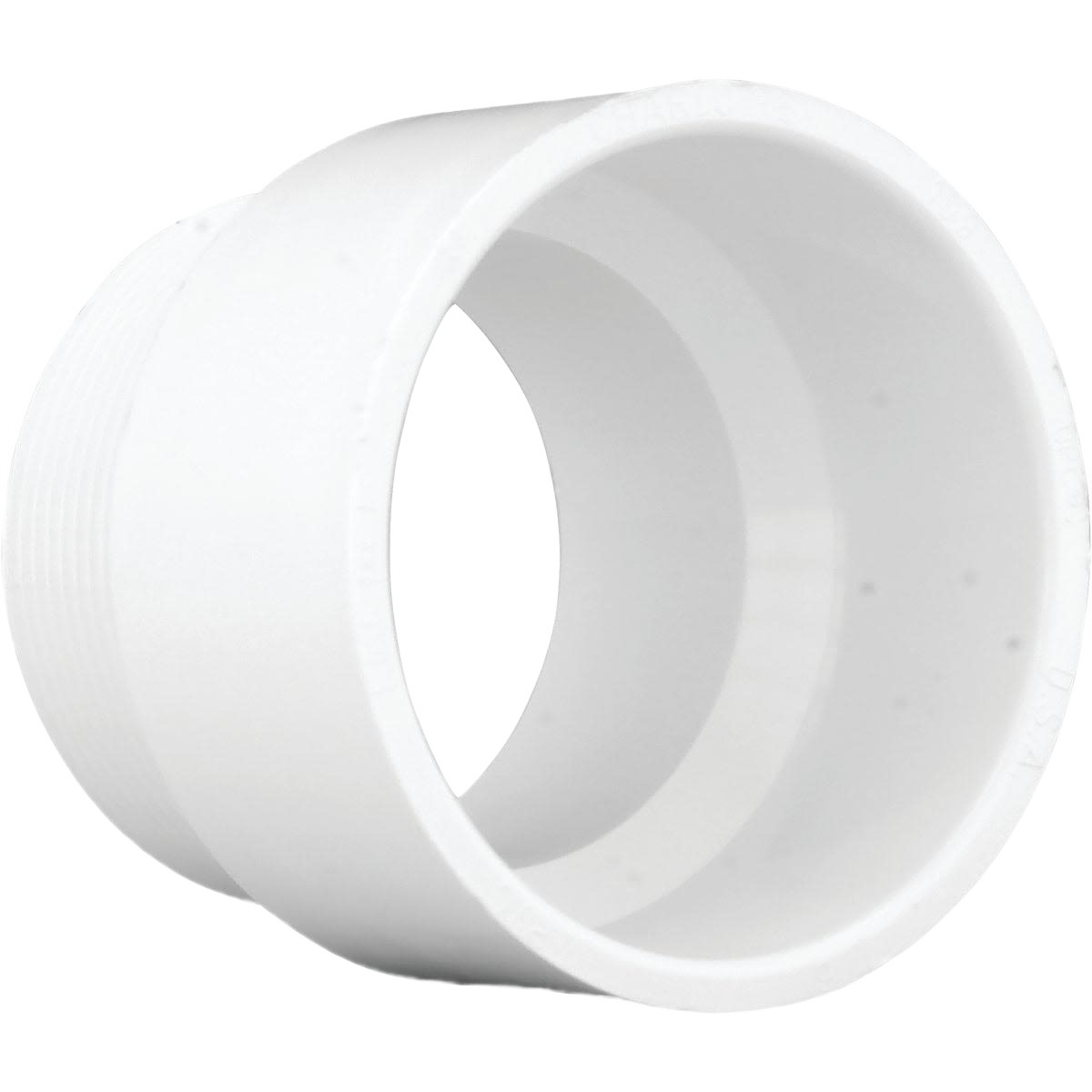 White PVC plumbing adapter with threaded end for drain and vent pipe fitting in home improvement Tools