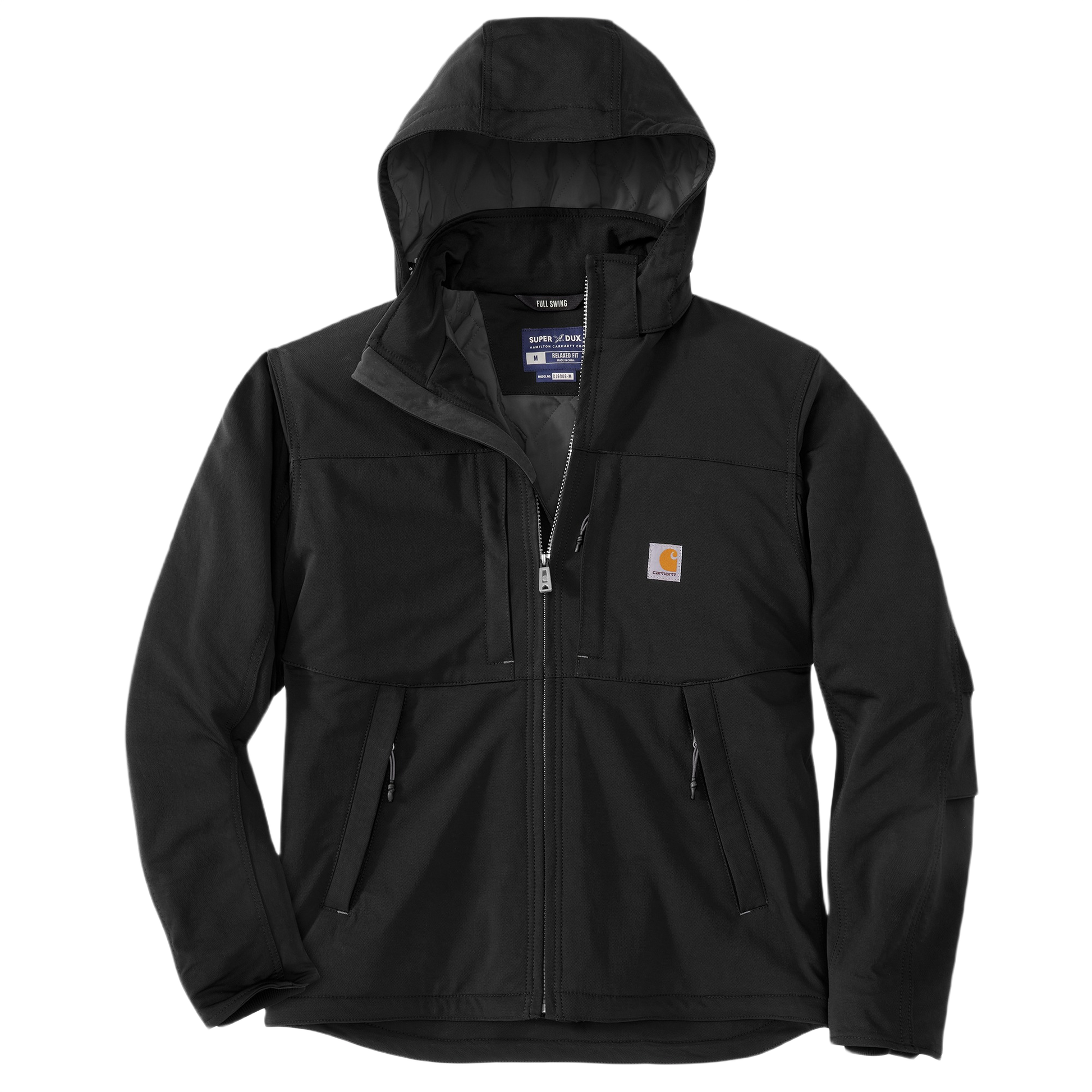 Black insulated men's jacket with full front zip, adjustable hood, multiple zippered pockets, and durable fabric for versatile outerwear collections.