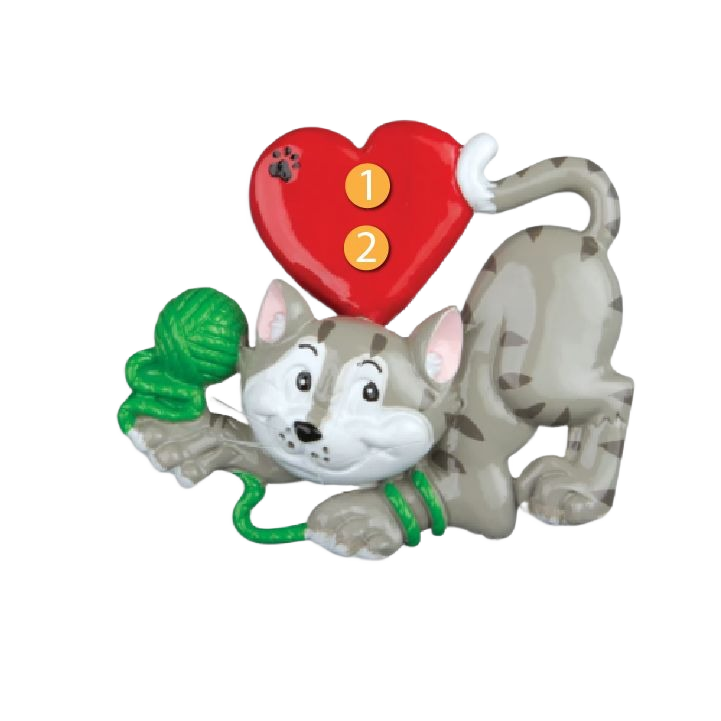 Playful grey cat ornament with green yarn ball and red heart, festive Christmas decoration under 50 dollars