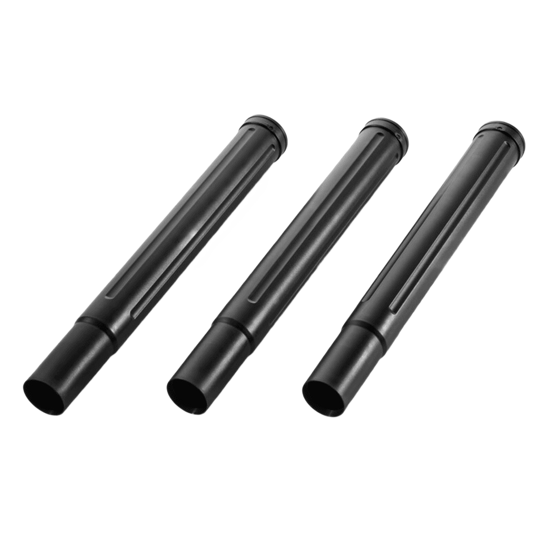 Three black non-antistatic polypropylene vacuum extension tubes for dust management and woodworking tools accessories