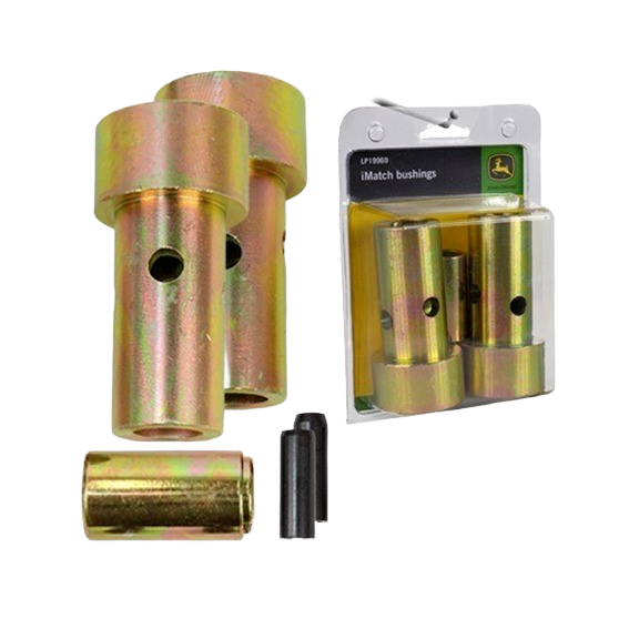 Set of gold-toned metal bushing components and pins for John Deere machinery maintenance in tools and home improvement projects
