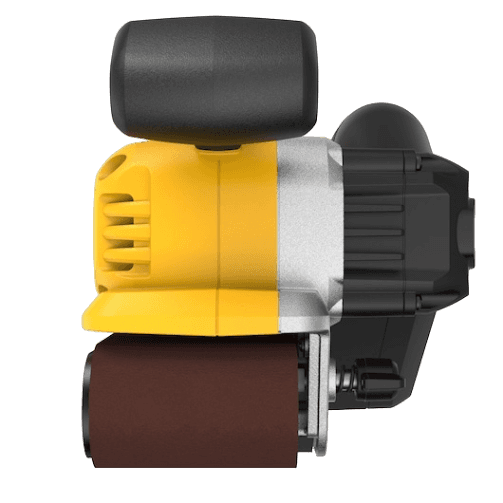 Yellow and black cordless brushless belt sander with ergonomic handle for tools and home improvement projects