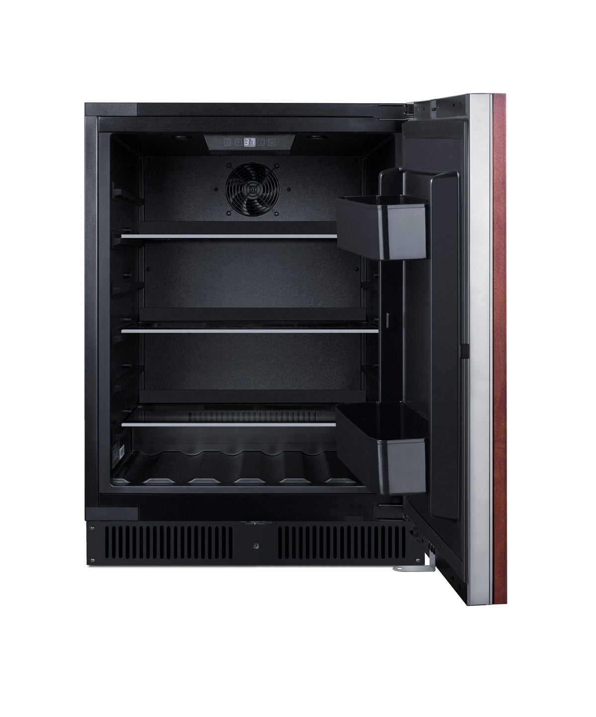 Open built-in undercounter refrigerator with wood panel door and black interior shelves from kitchen appliances collection