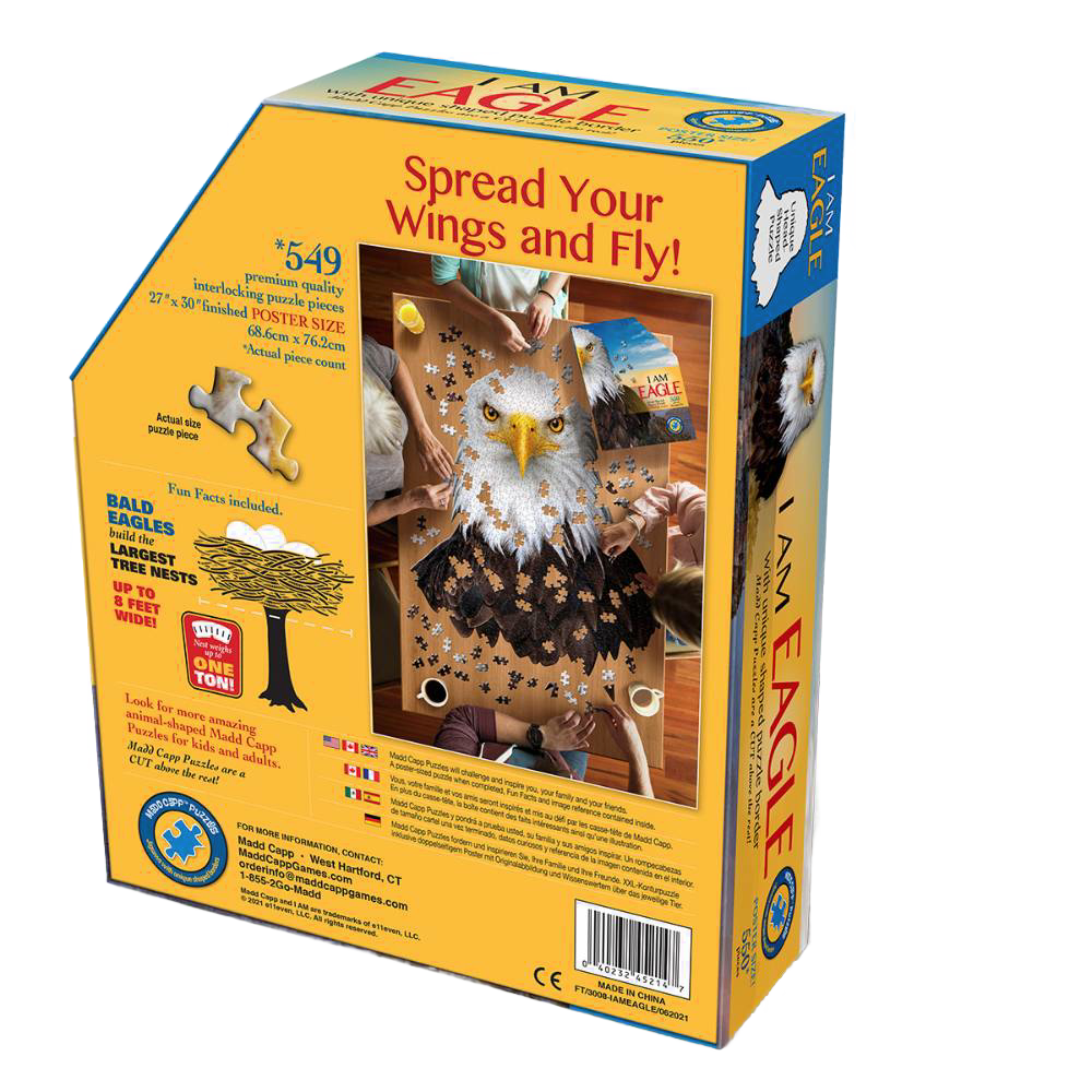 Yellow and blue box of shaped eagle head puzzle being assembled by children, toys and games under $50 collection