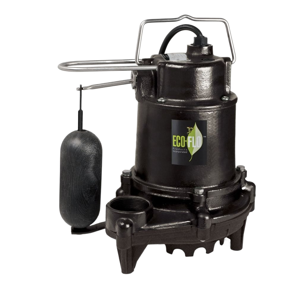 Black cast iron pump with float switch and Eco-Flo label for water management in home improvement projects