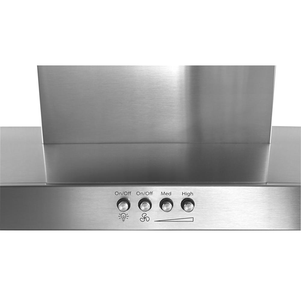 Close-up of stainless steel range hood control panel with light and three fan speed buttons from wall mounted collection