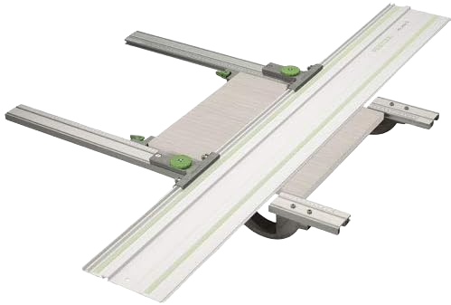 Metal parallel guide extension set with adjustable arms for saw tracks, part of woodworking and saw accessories collections