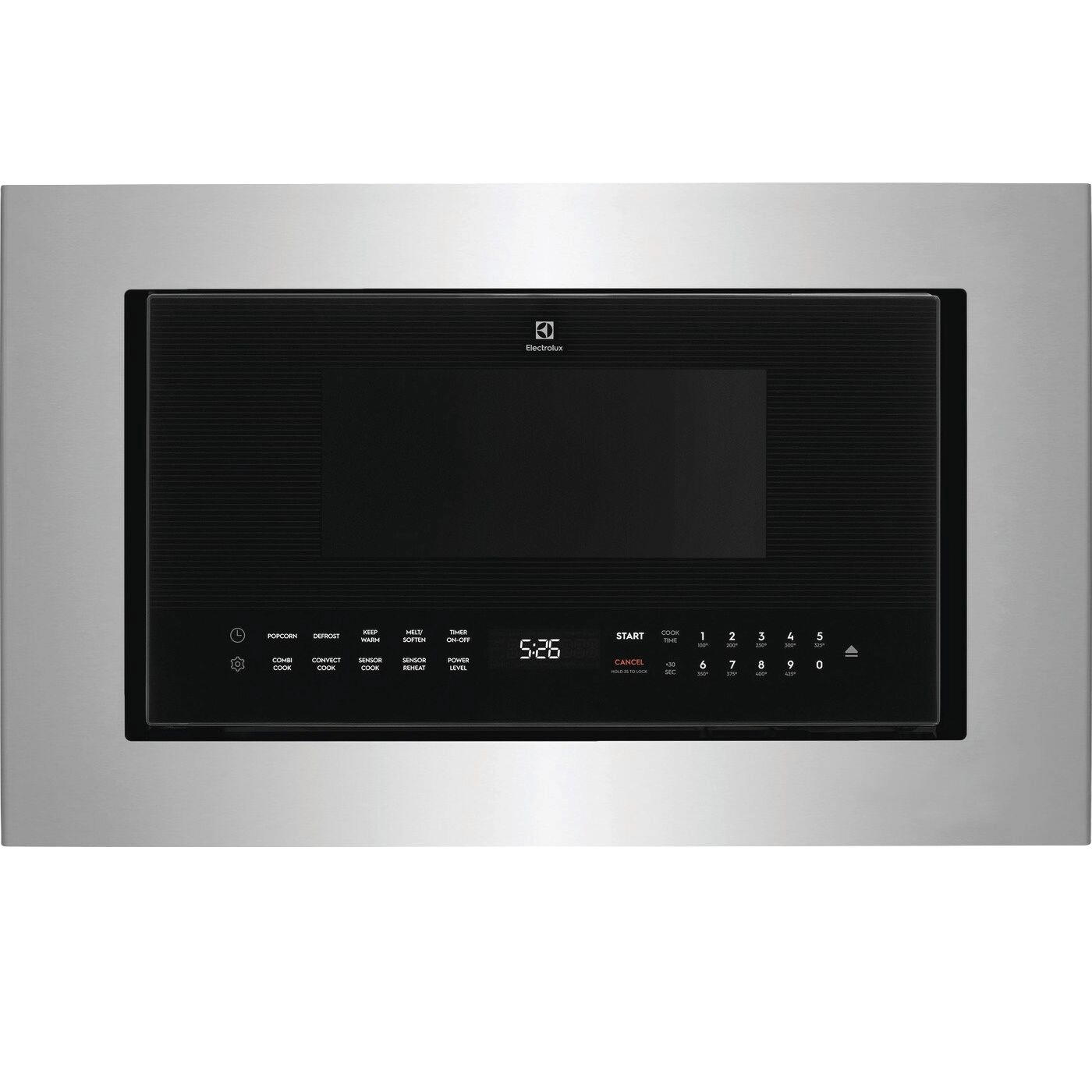 Built-in stainless steel microwave with black glass touch control panel and digital clock display in kitchen setting
