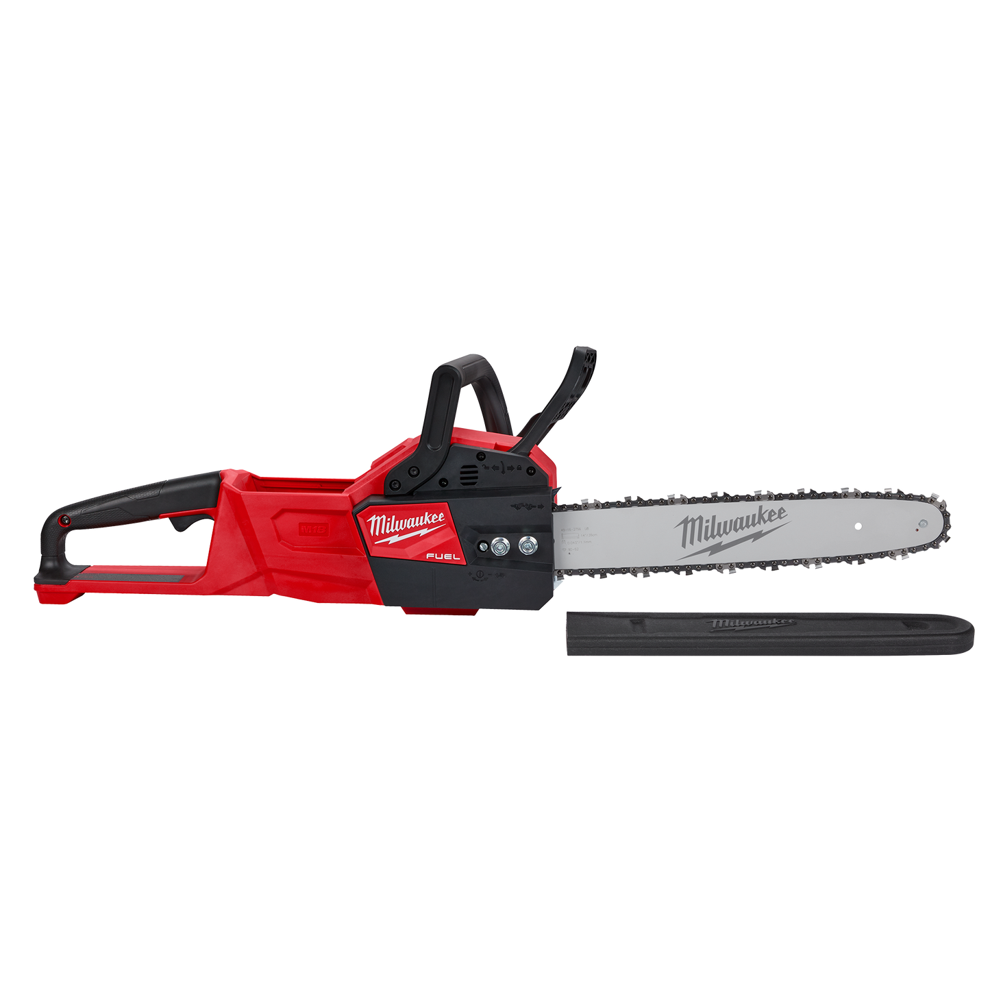 Red and black cordless chainsaw with 14-inch bar and protective blade cover for outdoor power equipment collections