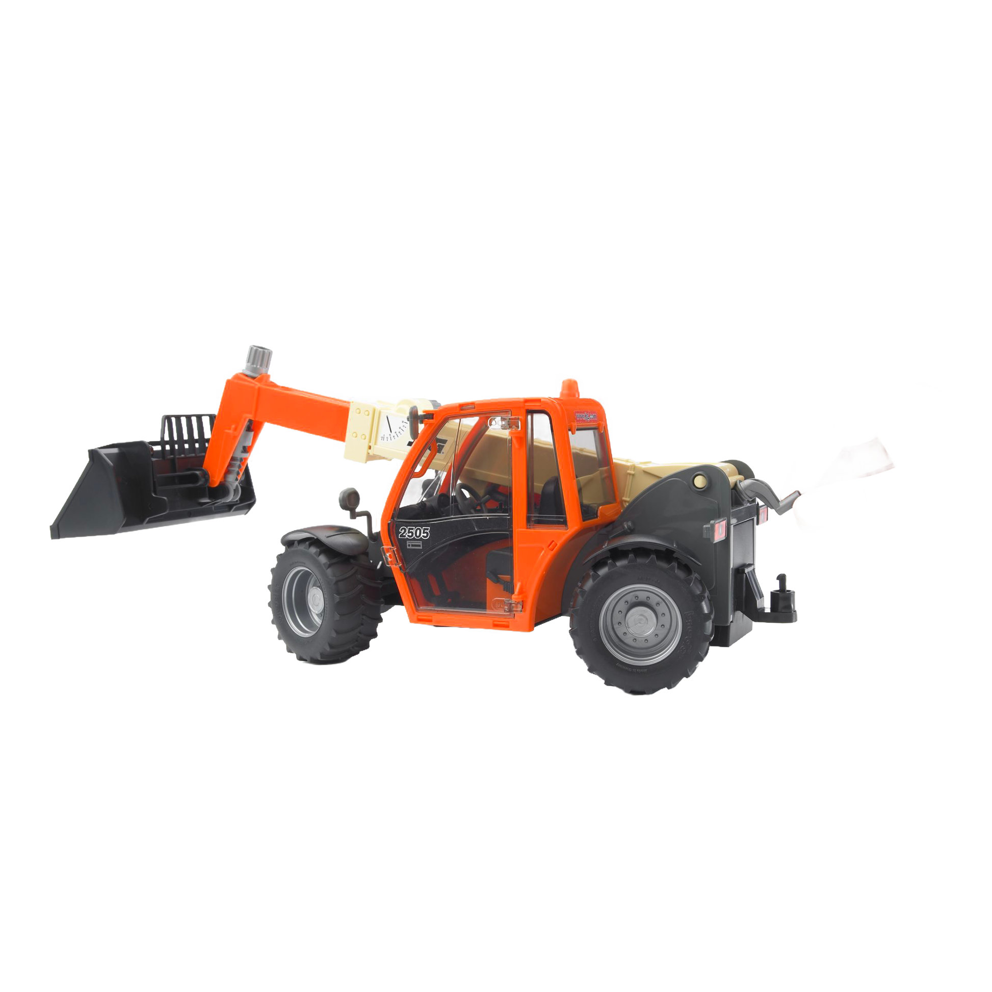 Orange and beige Bruder JLG 2505 telehandler toy with black bucket from Vehicles & Remote Controlled Toys collection