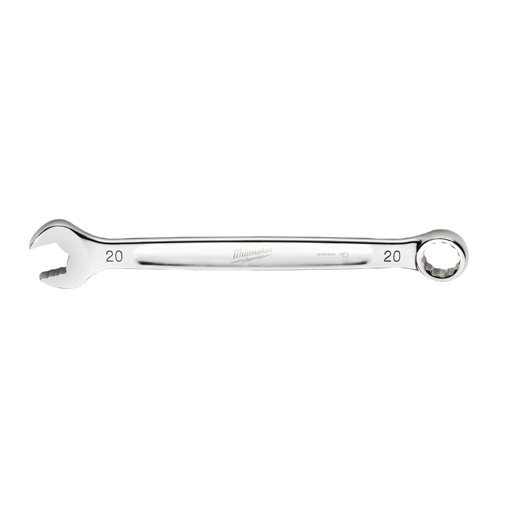Polished 20-mm metric combination wrench with open-end and boxed-end for tools and home improvement tasks