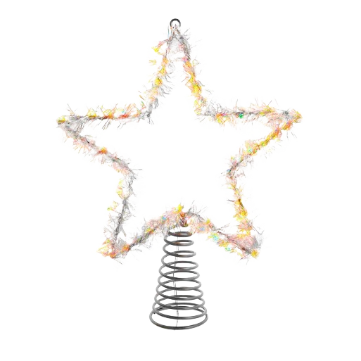 Silver tinsel star tree topper with warm white lights and coiled metal base for holiday decoration