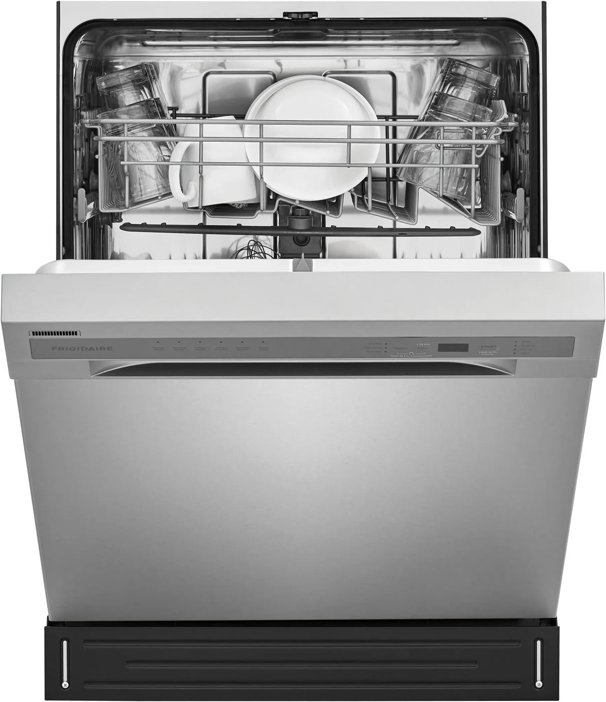 Open stainless steel dishwasher with dual spray arms and top rack loaded with glassware and dishes from Dishwashers collection
