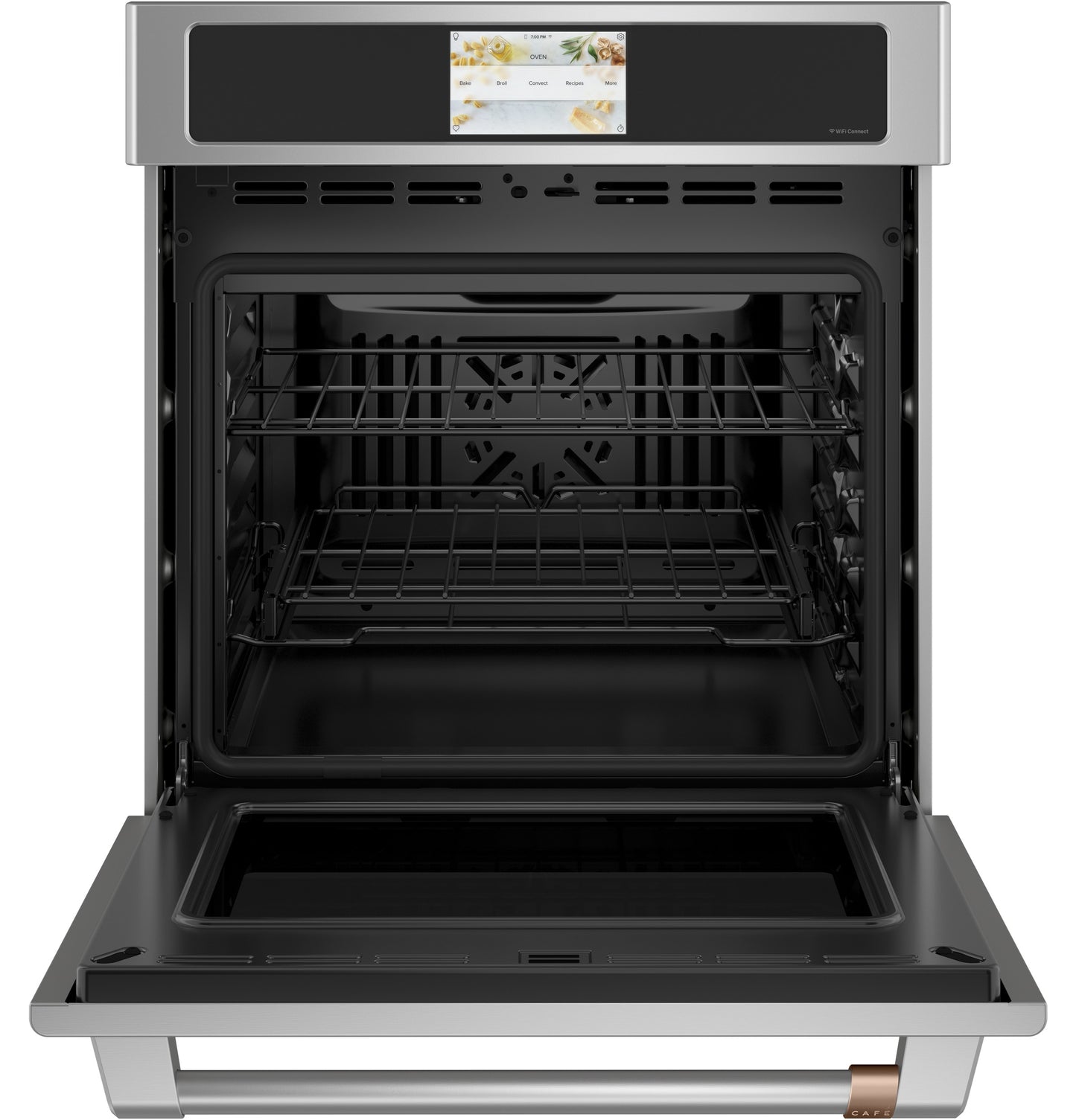 Open stainless steel smart single wall oven with convection racks visible in kitchen appliances collection