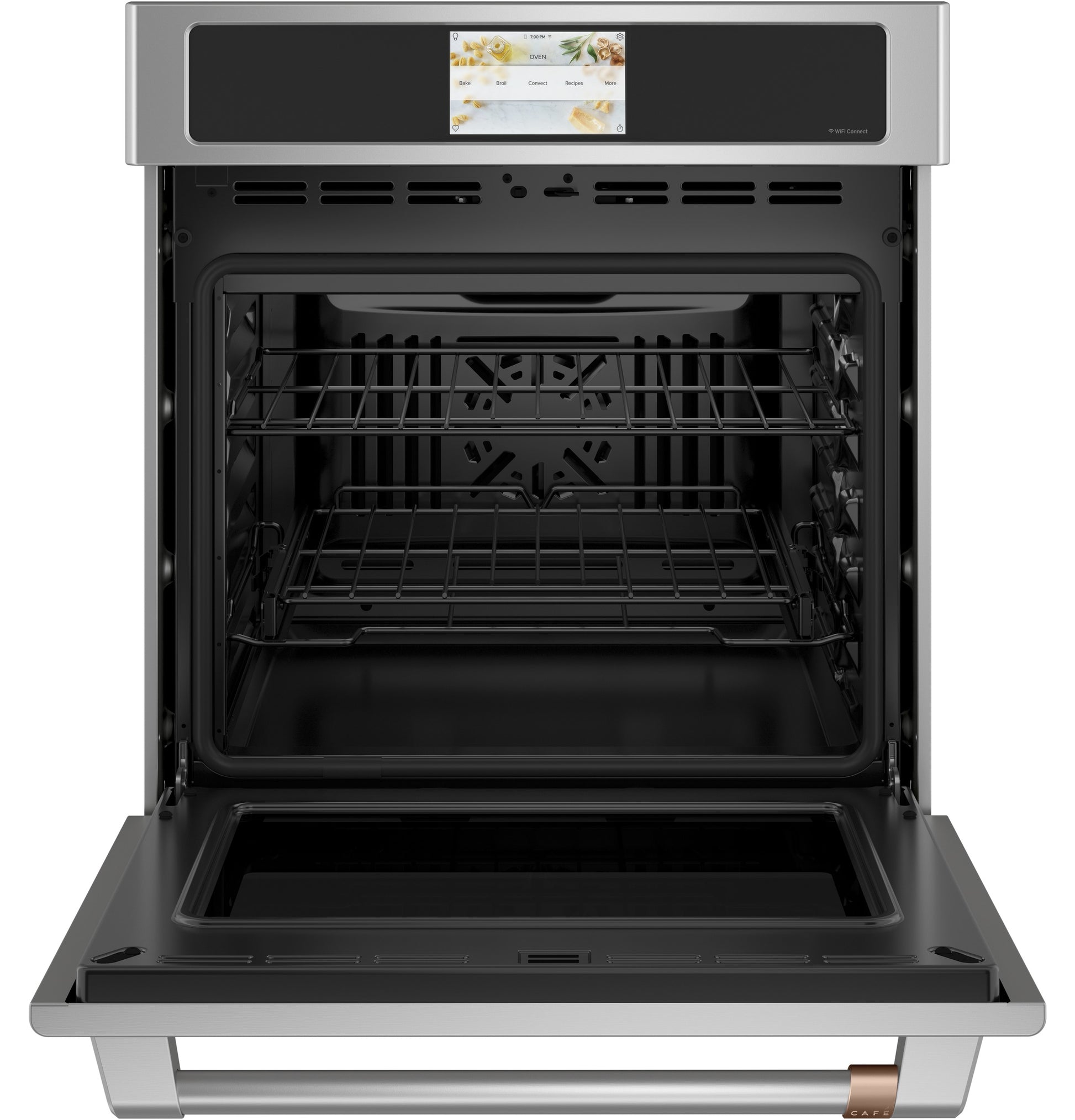 Open stainless steel smart single wall oven with convection racks visible in kitchen appliances collection