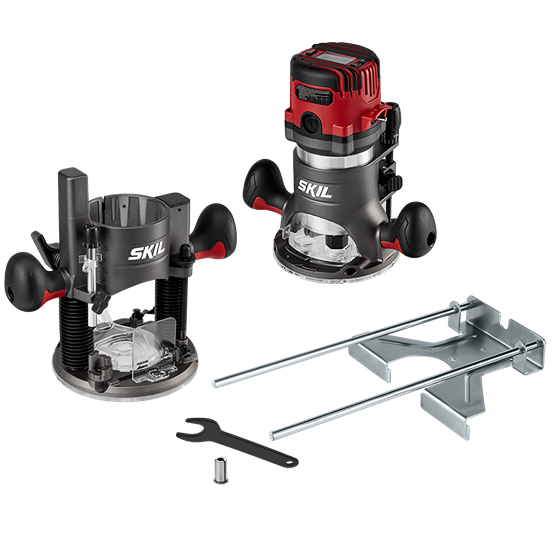 Digital plunge and fixed base router set with ergonomic handles and metal guide for precision woodworking and home improvement tasks