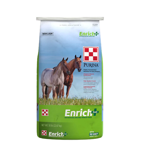 Bag of Purina Enrich Plus ration balancing supplement horse feed with horse images on green and blue packaging