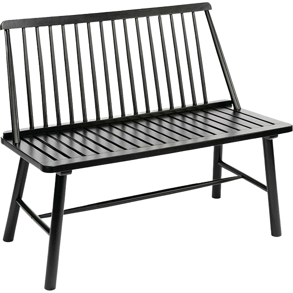 Black Indonesian hardwood bench with slatted seat and Windsor-style backrest for outdoor living and patio furniture collections