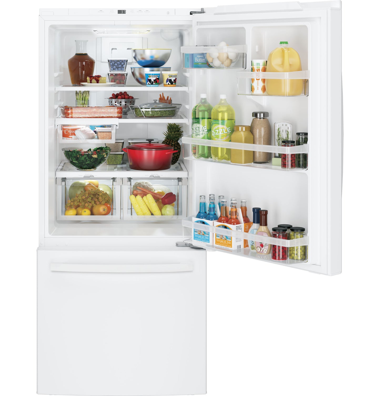 White bottom-freezer refrigerator open with organized fresh produce, beverages, and condiments from kitchen appliances collection