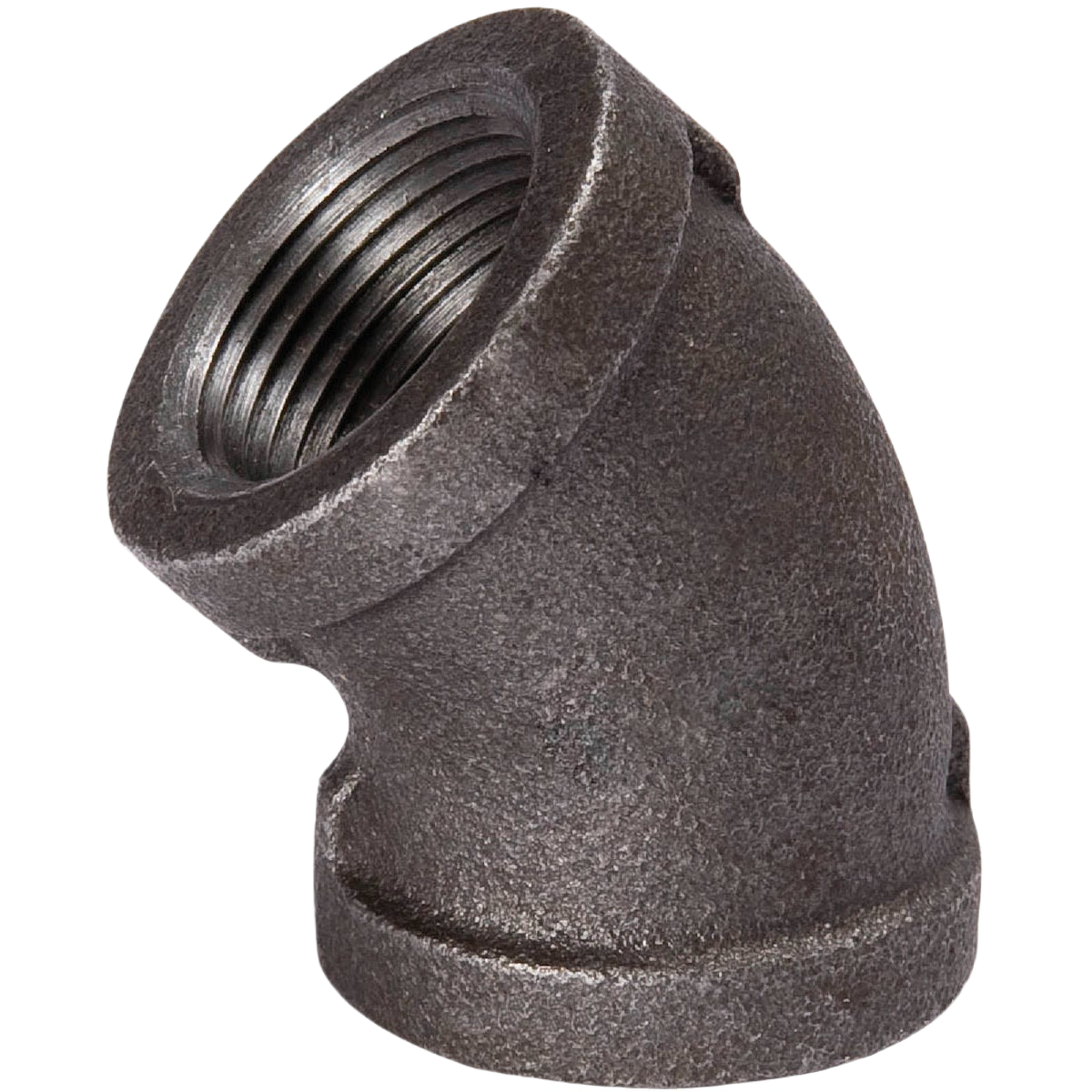 Malleable black iron elbow pipe fitting angled at 45 degrees for plumbing in Pipes & Fittings collection under $50