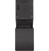 Matte black stacked washer and electric dryer combo with front load design and manual controls, part of appliance laundry centers at Hartville Hardware.