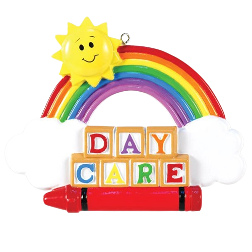 Bright daycare ornament with smiling sun, colorful rainbow, clouds, letter blocks, and red crayon for Christmas tree décor