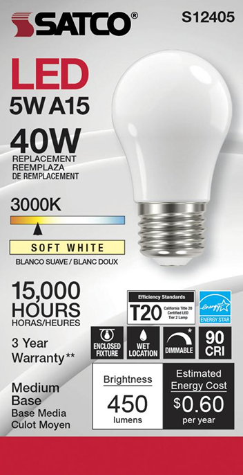 Energy-efficient 5 watt A15 LED soft white bulb with medium base, dimmable, suitable for wet locations under $50.