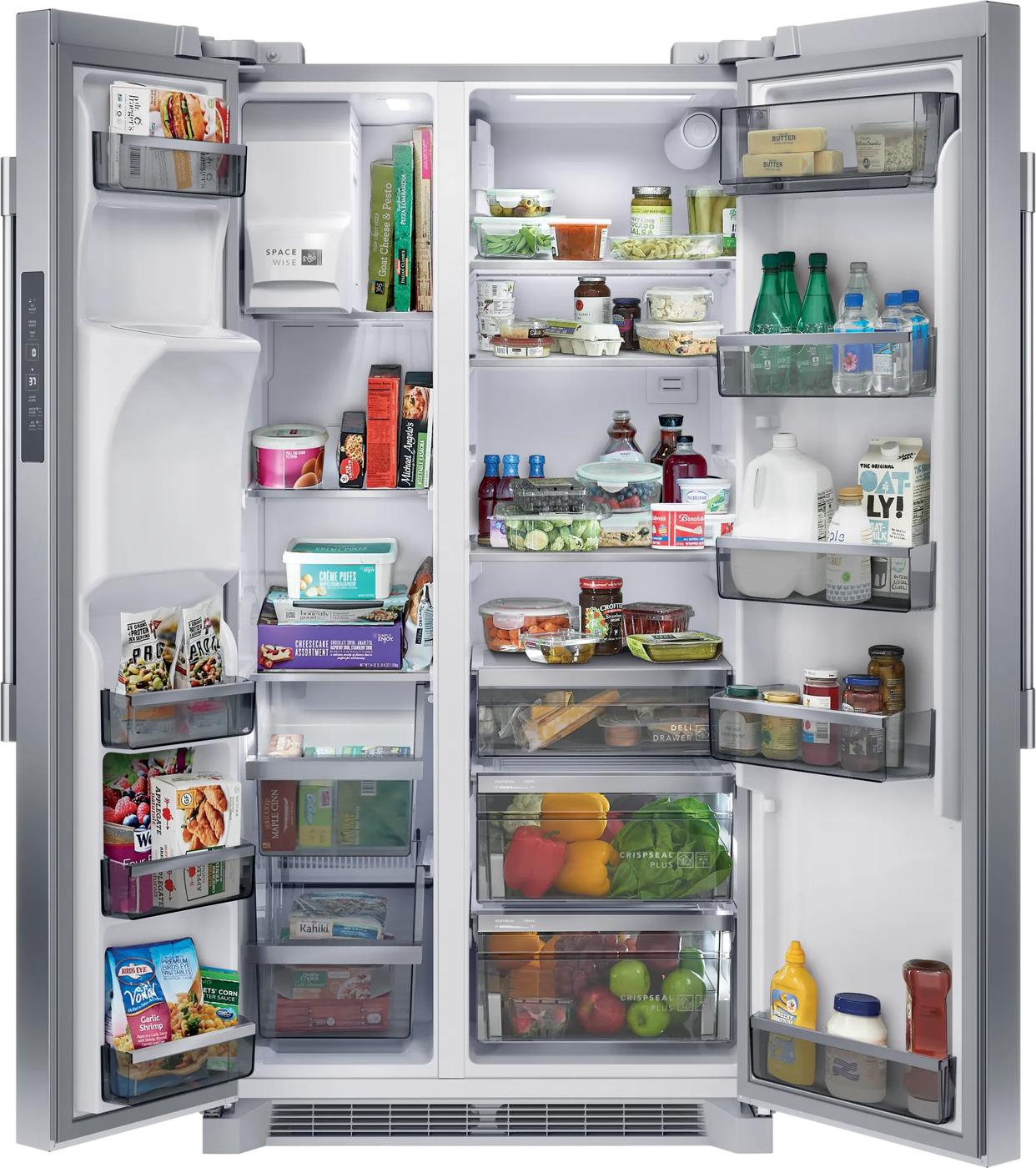 Open 22 Cu. Ft. side-by-side refrigerator showing organized shelves and produce crispers from kitchen appliances collection