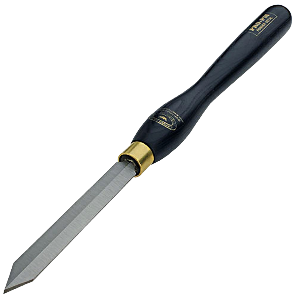 Turning tool with black wooden handle and sharp metal diamond-shaped blade for precision in Crown Tools collection