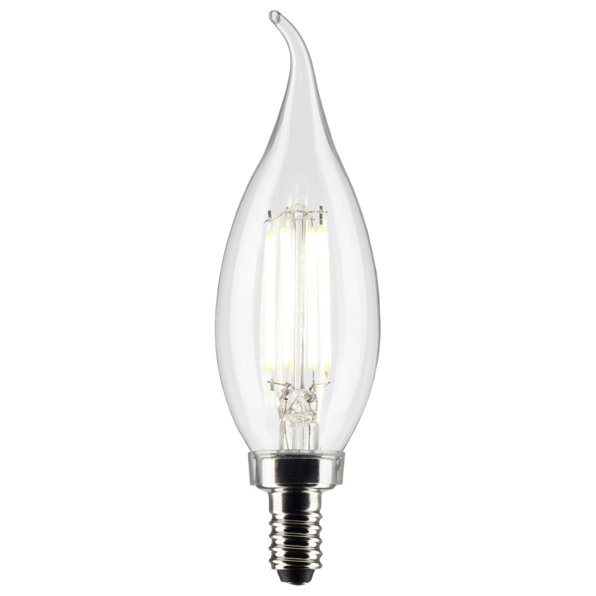 Clear flame-tip LED bulb with candelabra base emitting warm white light for lighting and electrical use under $50 collections