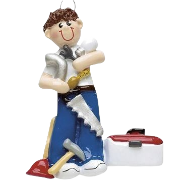 Smiling handyman figurine holding tools with toolbox in Christmas Ornaments & Tree Decorations under $50 collection