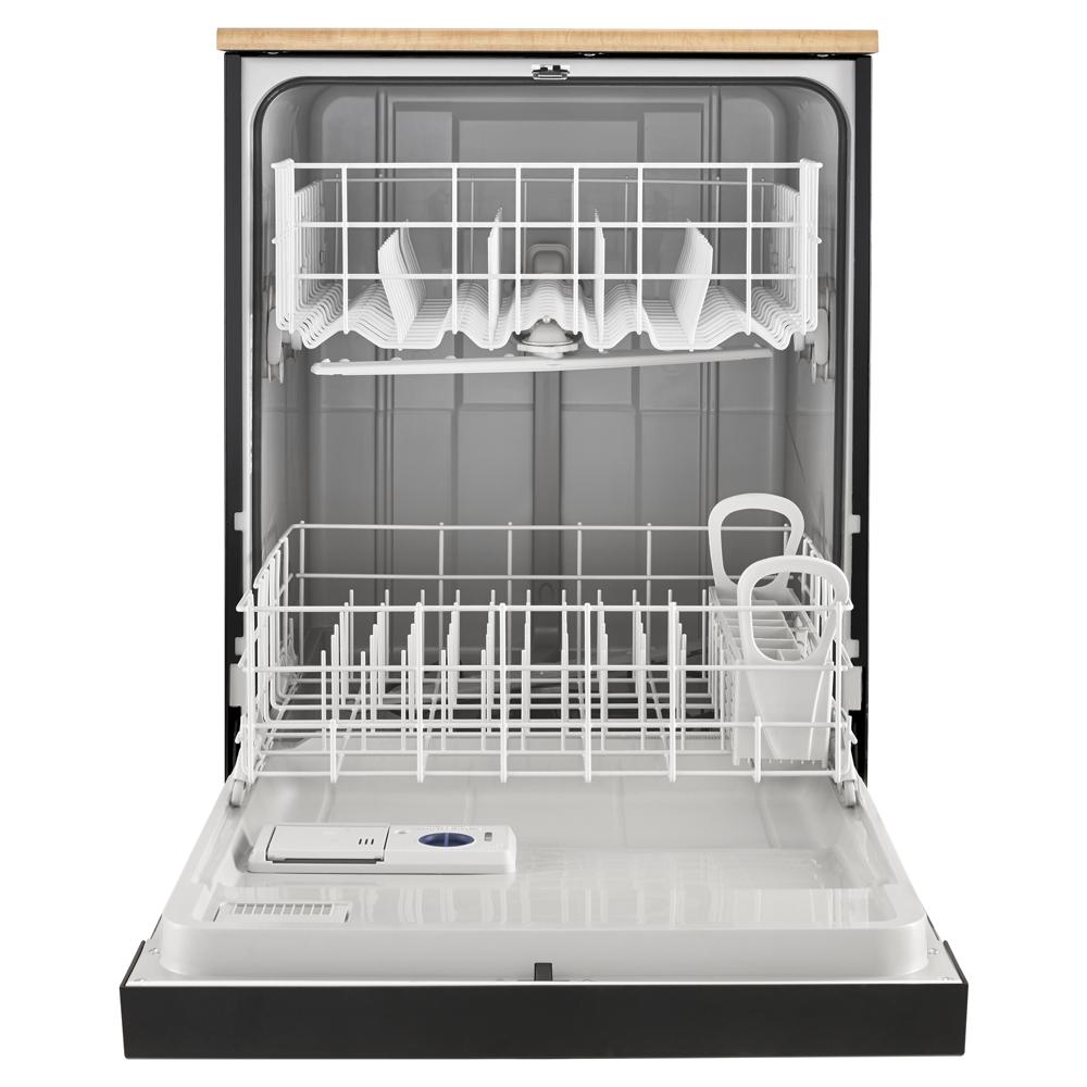 Empty heavy-duty dishwasher interior with adjustable racks and detergent dispenser in modern kitchen appliance collection