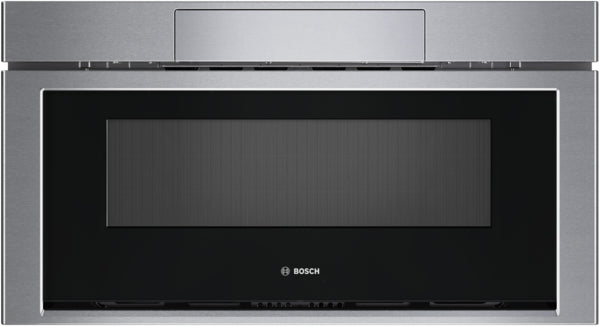Stainless steel built-in drawer microwave with black glass front and minimalist Bosch logo in modern kitchen appliances collection