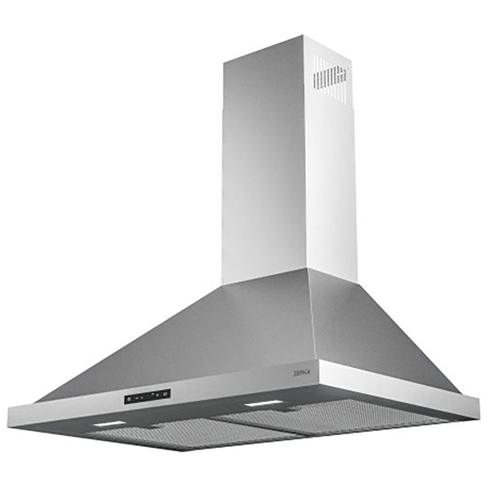 Wall mounted stainless steel chimney hood with LED lights and digital controls from kitchen appliances collection