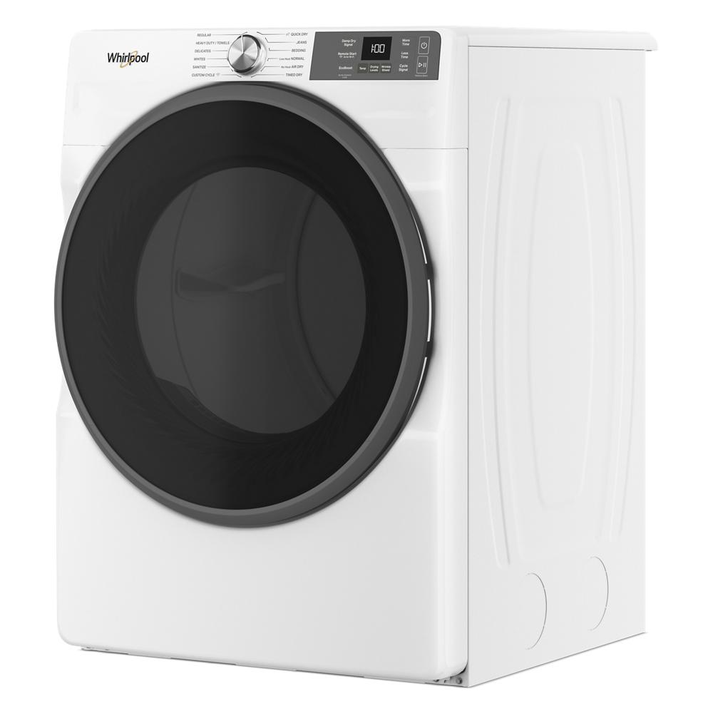 White front load electric dryer with large tinted door and digital control panel from Dryers and Appliances collections