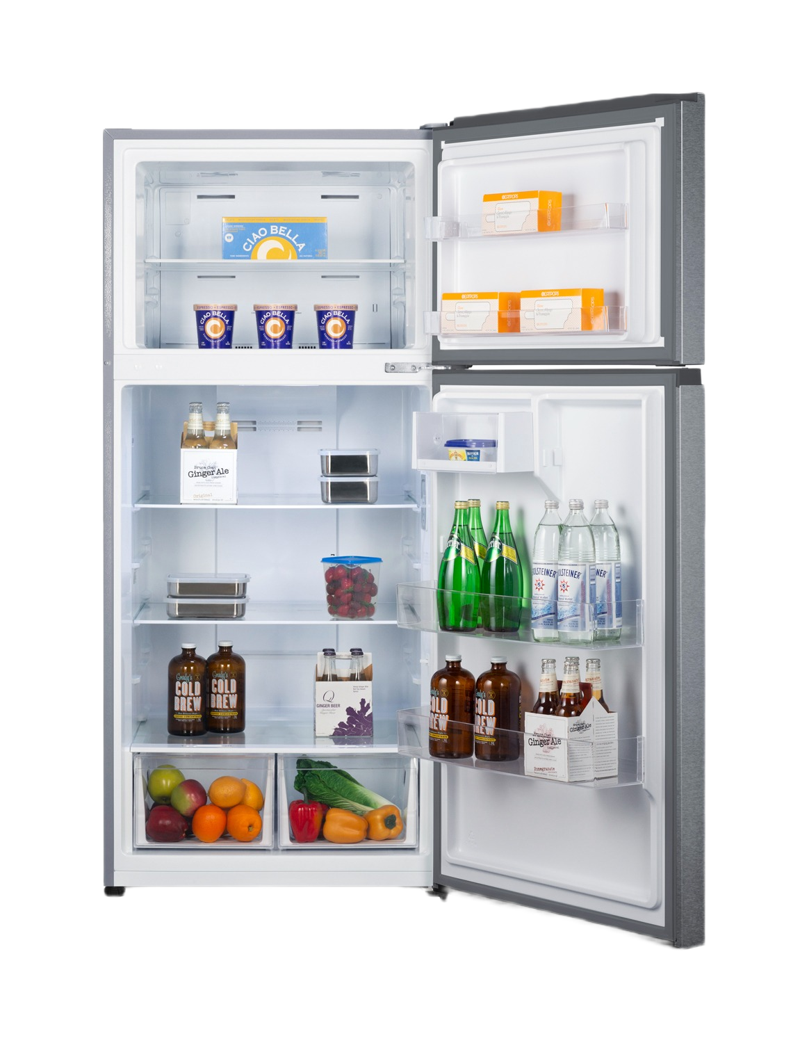 30" wide top mount refrigerator-freezer with open stainless steel doors showing organized interior stocked with beverages, produce, and packaged food, featured in Refrigerators, Top Freezer Refrigerators, Kitchen & Kitchenware, and Appliances at Hartville Hardware.