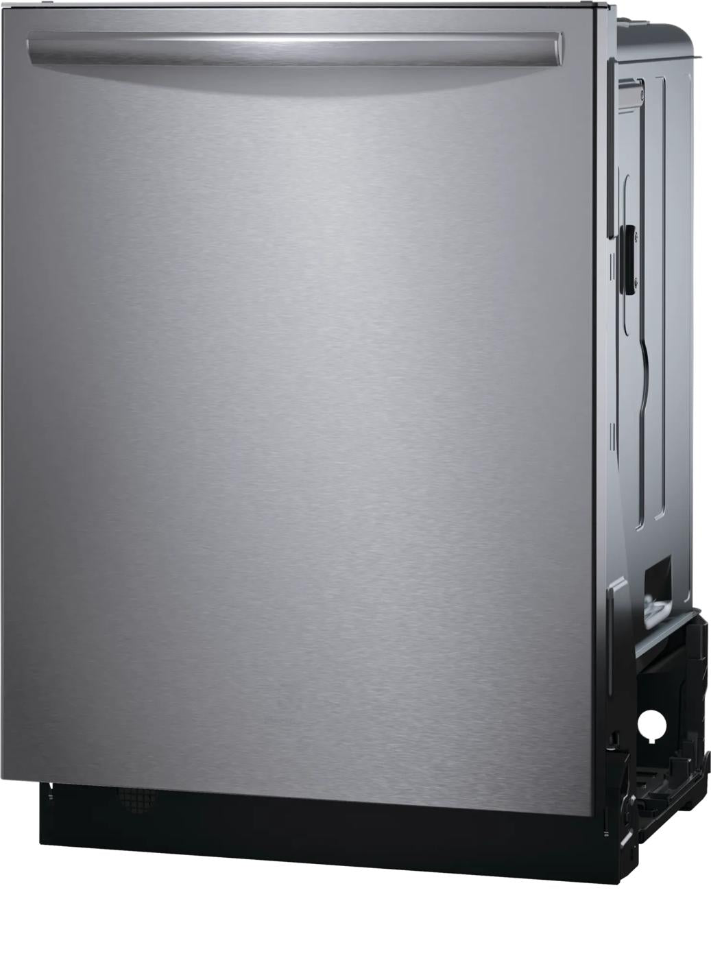 24" built-in dishwasher with stainless steel front and curved handle, ideal for modern kitchens and home improvement.