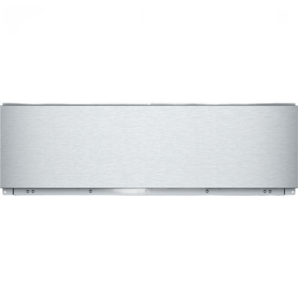 Stainless steel warming drawer with concealed heating element and premium touch controls in kitchen appliance collections
