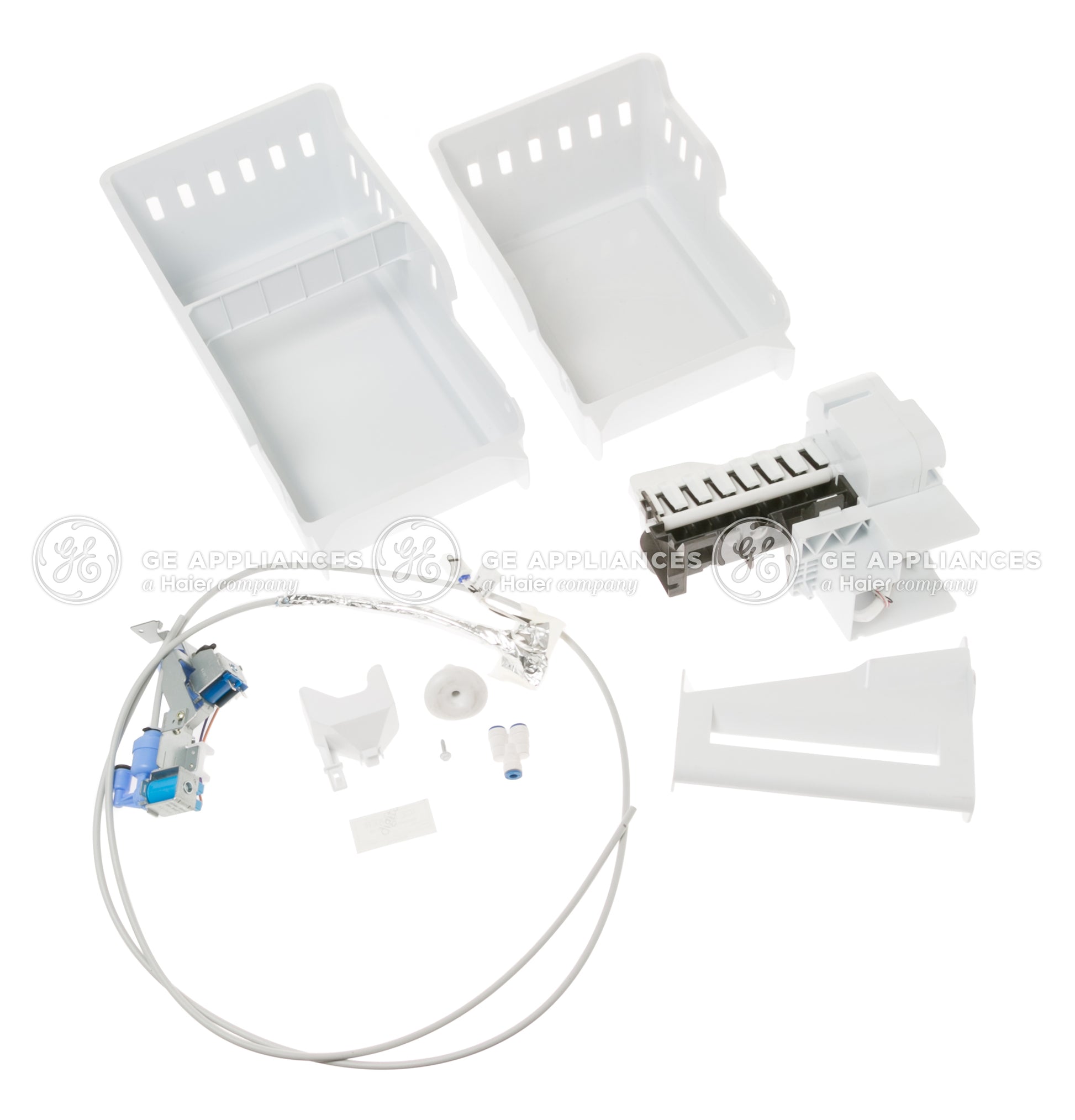 Components of a second icemaker kit with bins, wiring, and ice mold for select French-door bottom-freezer refrigerators