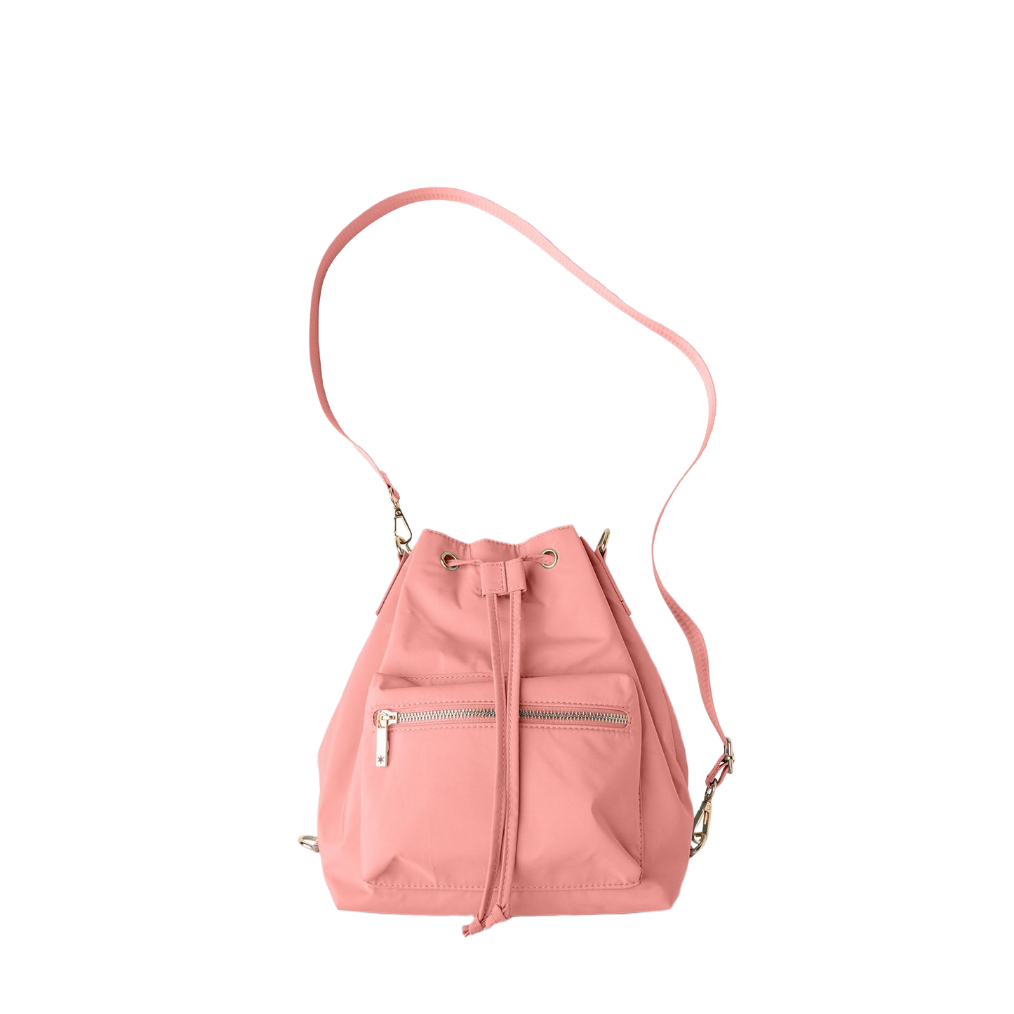 Pink convertible bucket bag with front zipper pocket and adjustable strap in accessories and bags collection