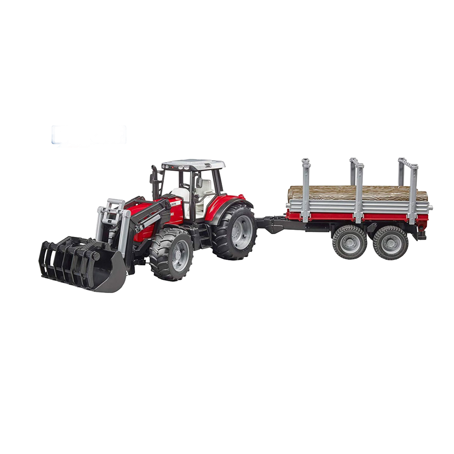 Red and gray toy tractor with front loader and logging trailer in Bruder Toys and Vehicles collections
