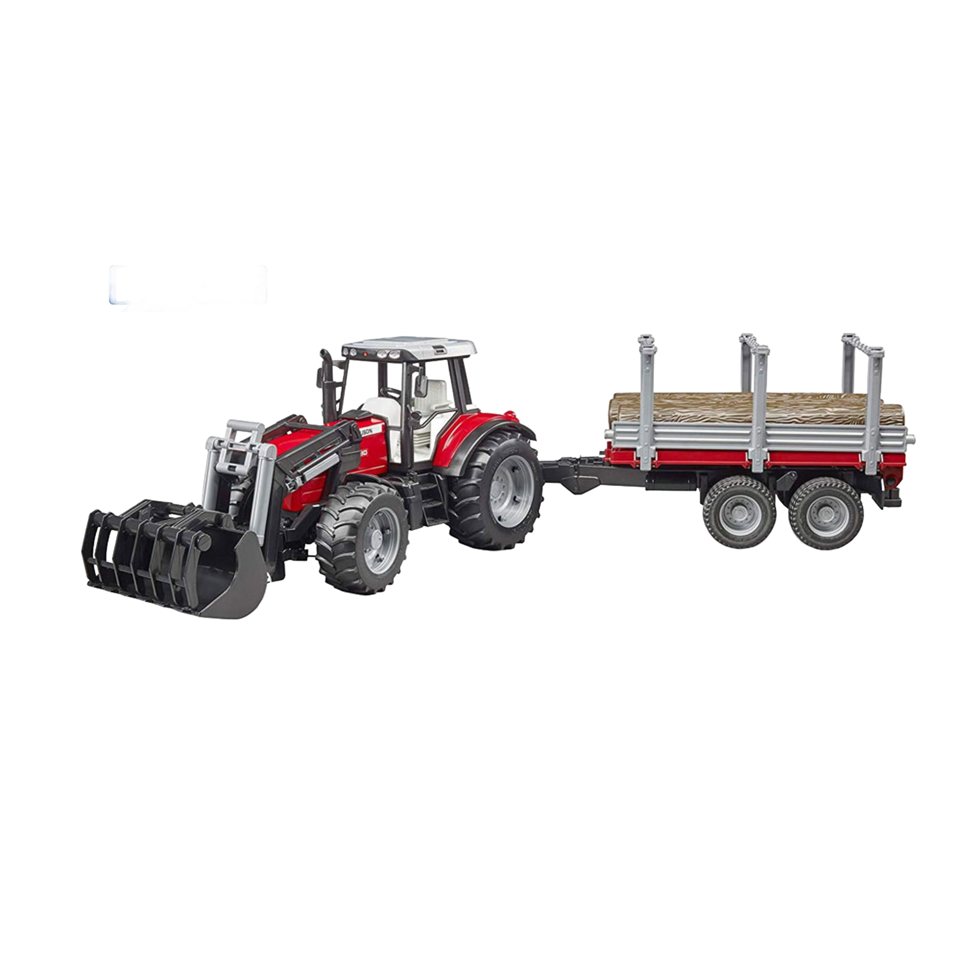Red and gray toy tractor with front loader and logging trailer in Bruder Toys and Vehicles collections